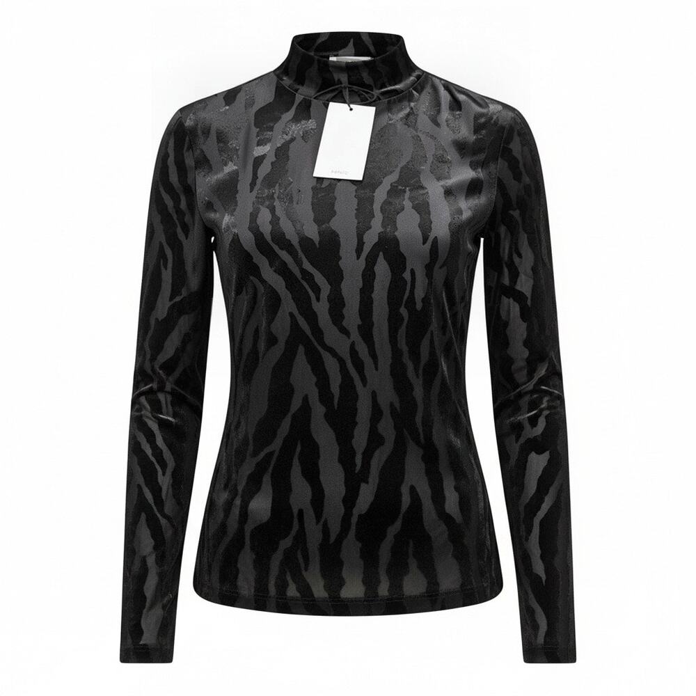 Mango Black Velvet Zebra Semi Sheer Mock Neck Long Sleeve Top NWT Womens Size XS